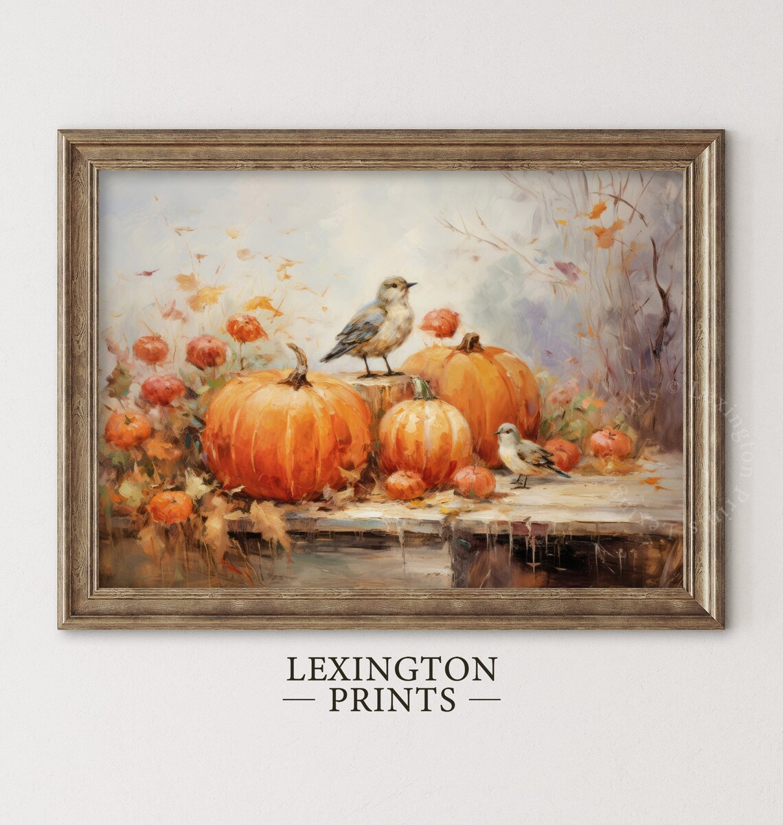 Pumpkins and Songbirds Autumn Still Life Oil Painting Fall Poster - Image 3