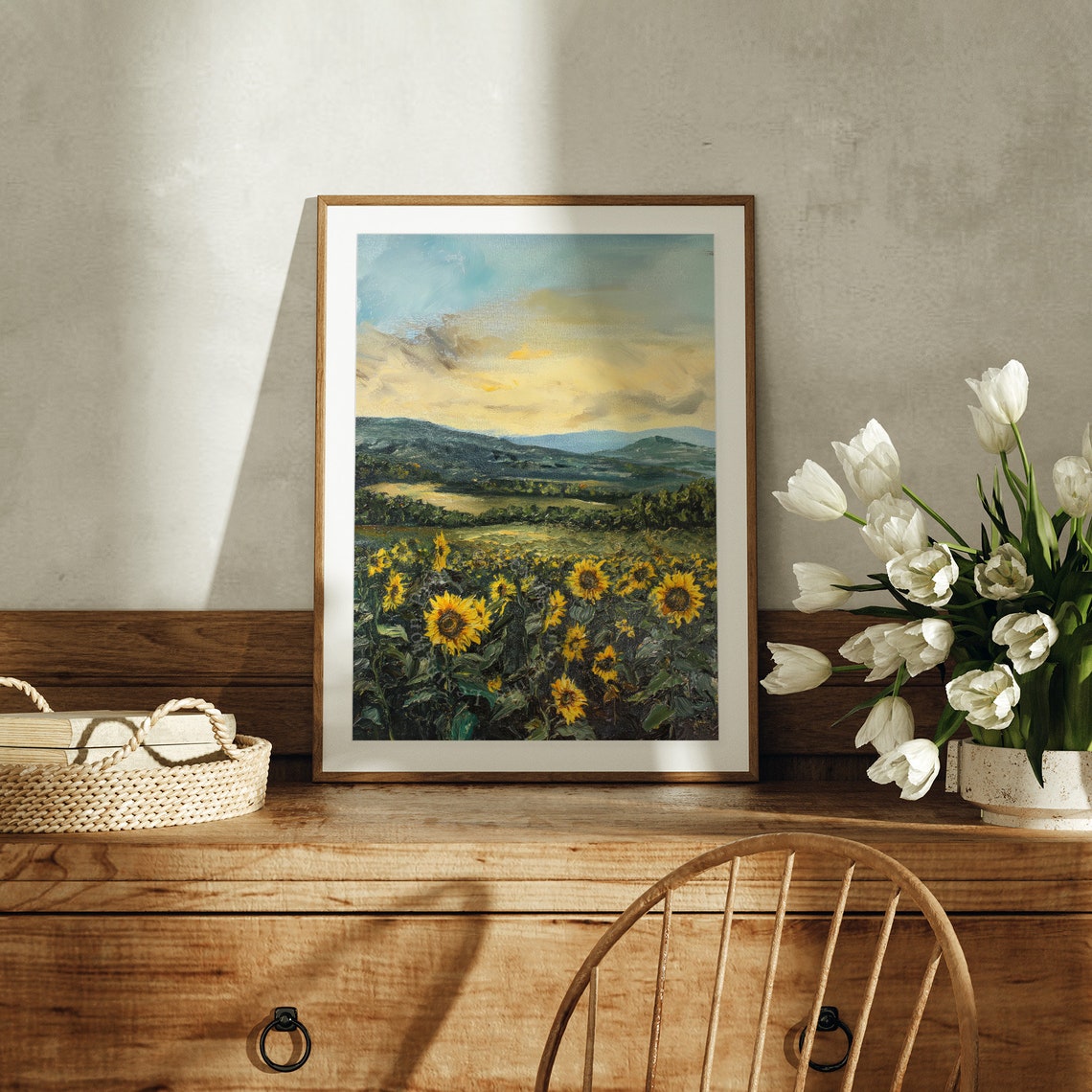 Sunflower Field Sunset Mountain Landscape Golden Summer Evening Poster - Image 2