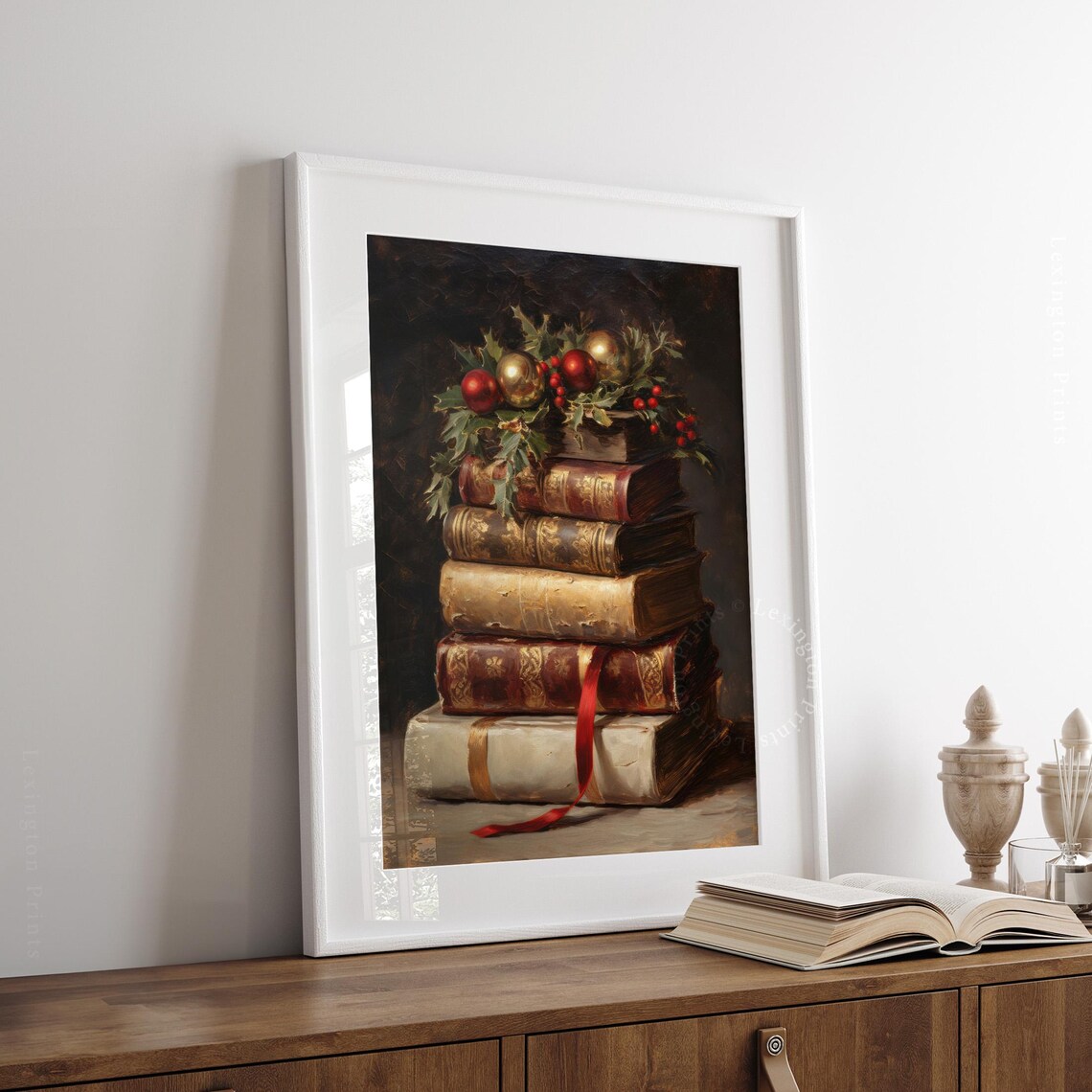 Vintage Books with Holly and Ornaments Christmas Still Life Poster - Image 3
