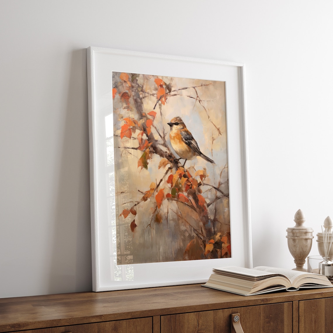 Autumn Songbird Orange Leaves Branch Vintage Bird Painting Poster - Image 6