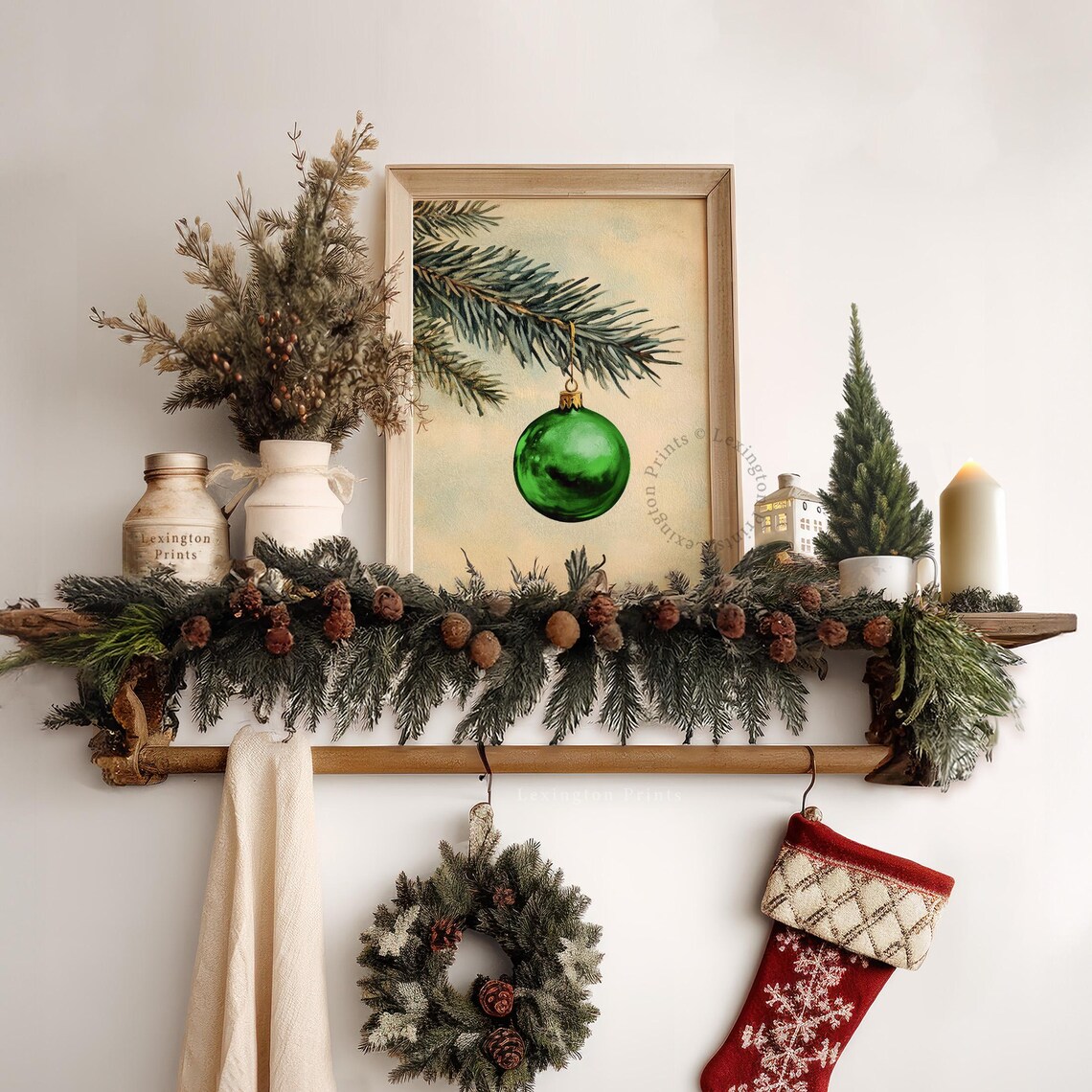 Green Christmas Ornament on Pine Branch Minimal Oil Painting Poster - Image 7