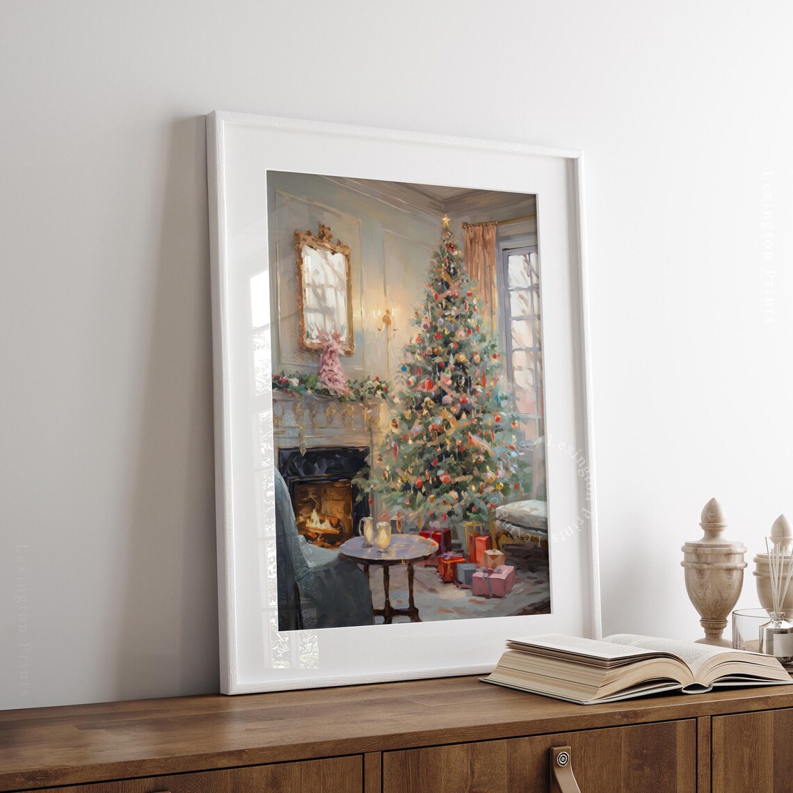 Cozy Christmas Tree by Fireplace with Gifts Holiday Living Room Poster - Image 3