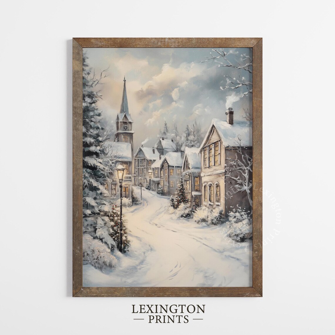 Snowy Village Church Steeple Christmas Winter Painting Poster - Image 4