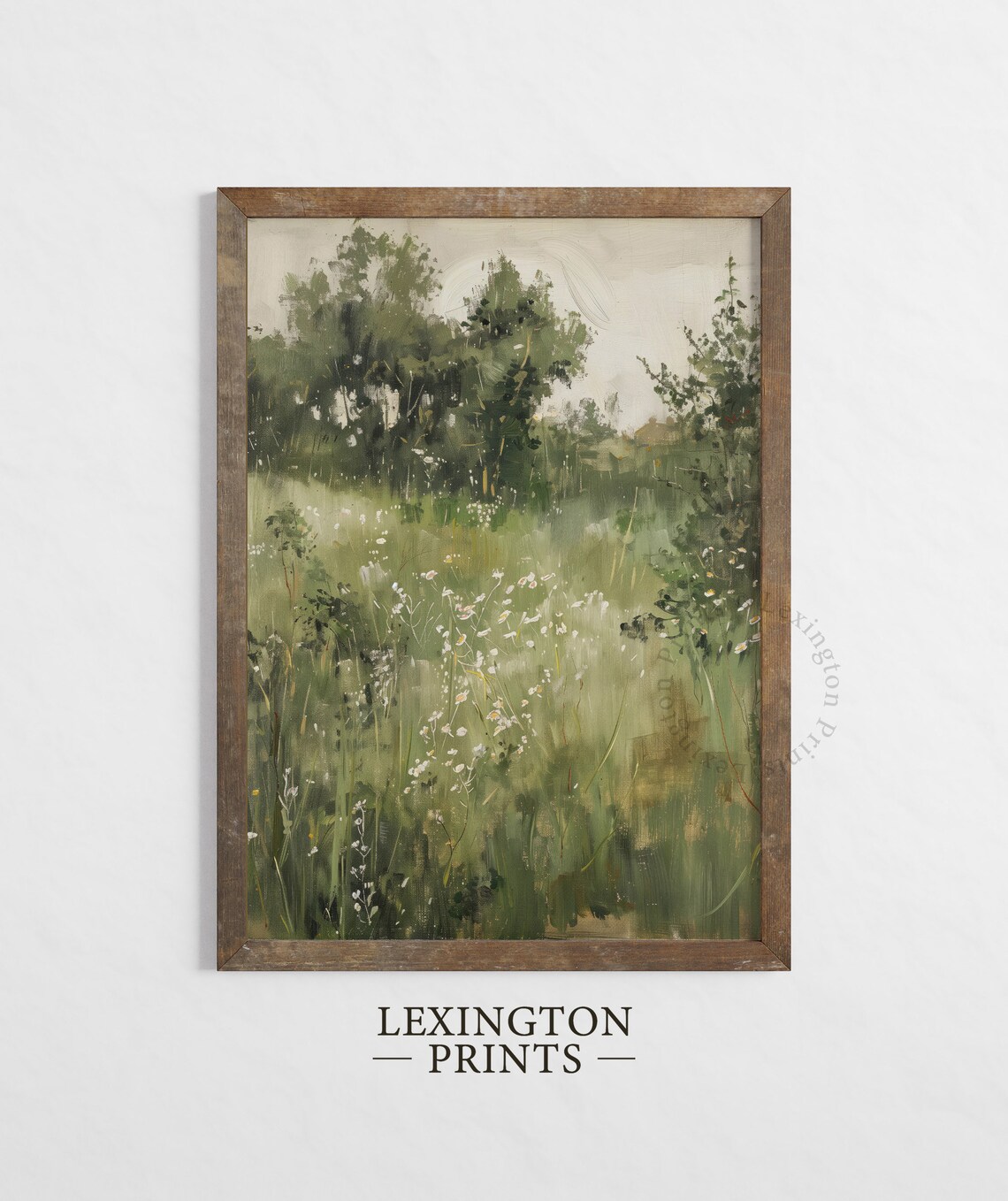 Soft Sunlit Wildflower Morning Meadow with Green Trees Watercolor Art Print - Image 2