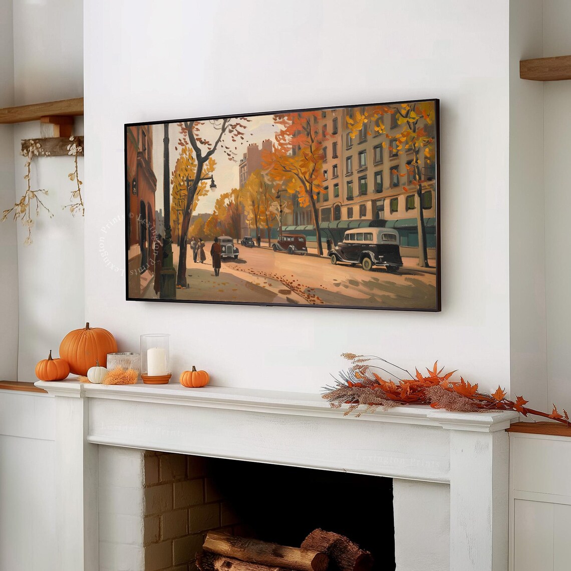 Retro Fall City Street with Vintage Cars Autumn Frame TV Art Print - Image 3