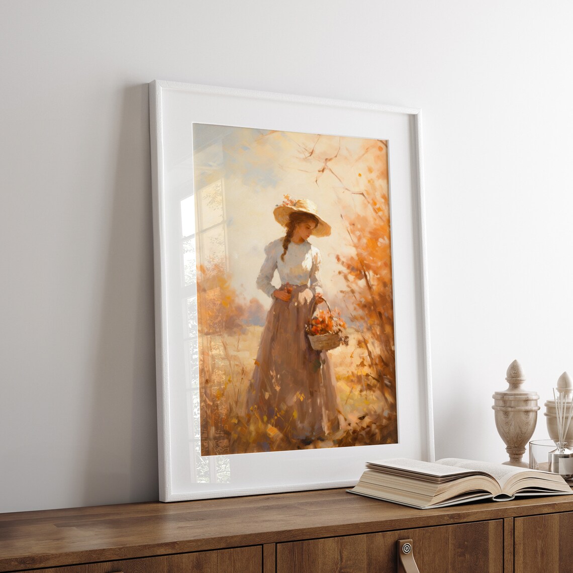 Woman with Flower Basket in Golden Autumn Field Romantic Fall Poster - Image 7