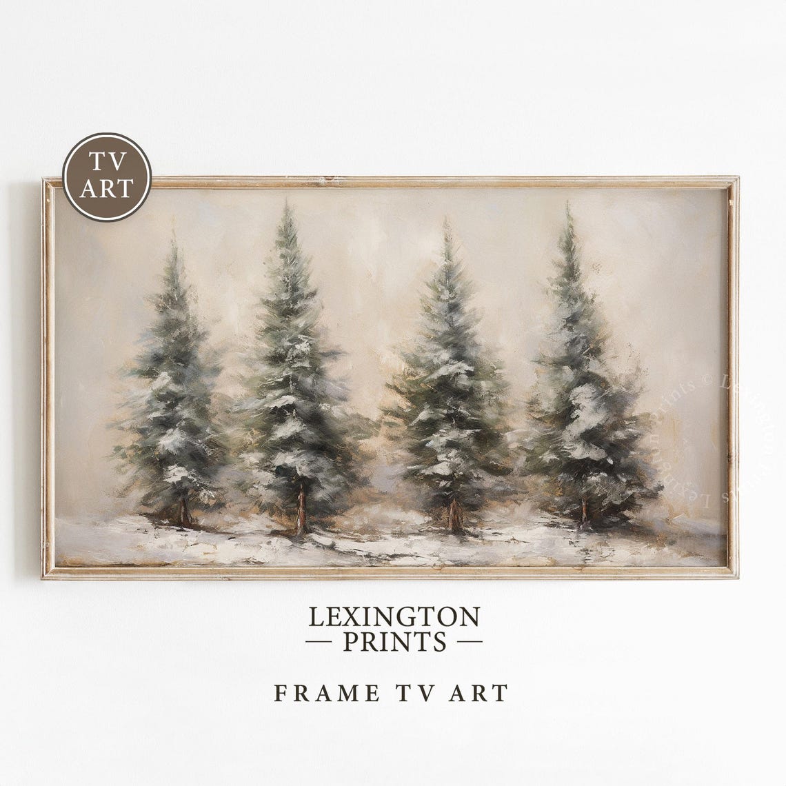 Four Snowy Pine Trees Neutral Winter Oil Painting Scene Poster