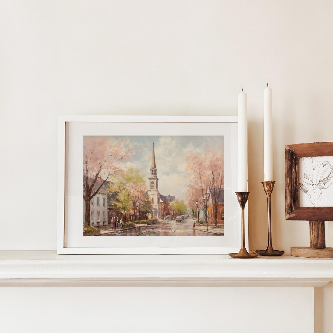 Spring Cherry Blossom Street Church Steeple Vintage Painting Poster - Image 2