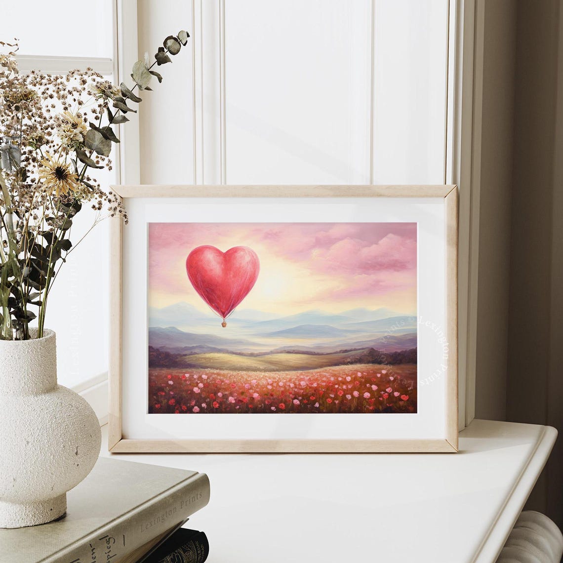 Red Heart Hot Air Balloon Floating Over Pink Flower Field Art Print - Image 7