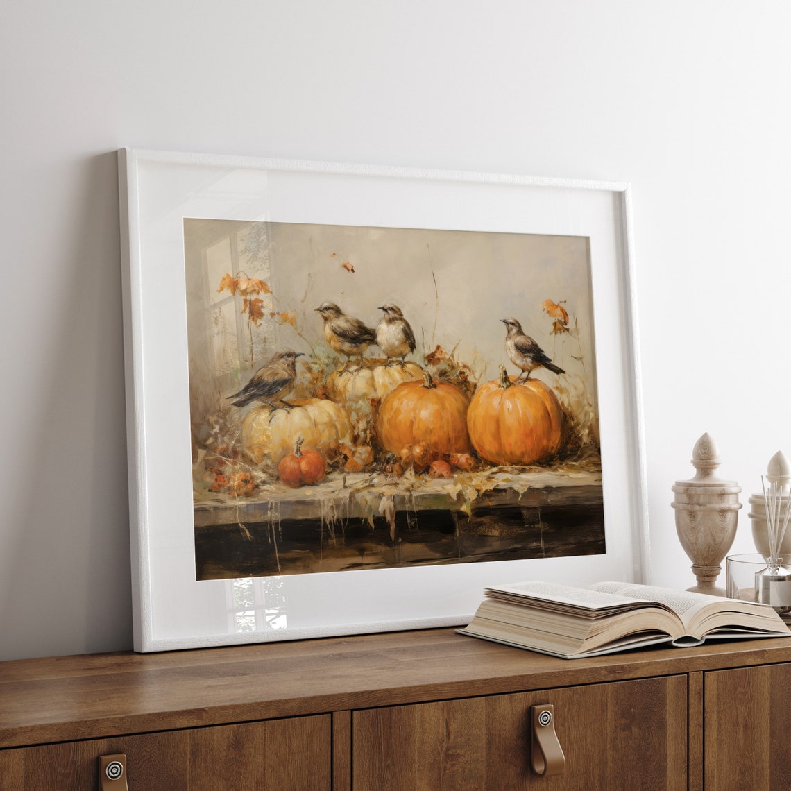Birds Perched on Pumpkins on Wooden Table Autumn Bird Poster - Image 8