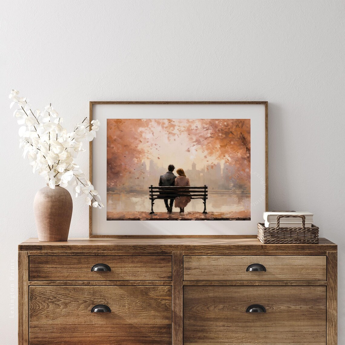 Romantic Couple on Park Bench Autumn City Skyline Watercolor Print - Image 3