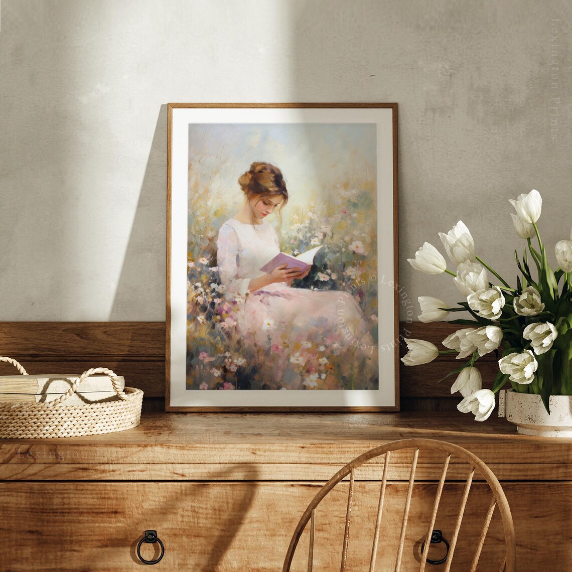 Woman Reading in Flower Garden Pastel Impressionist Painting Poster - Image 3