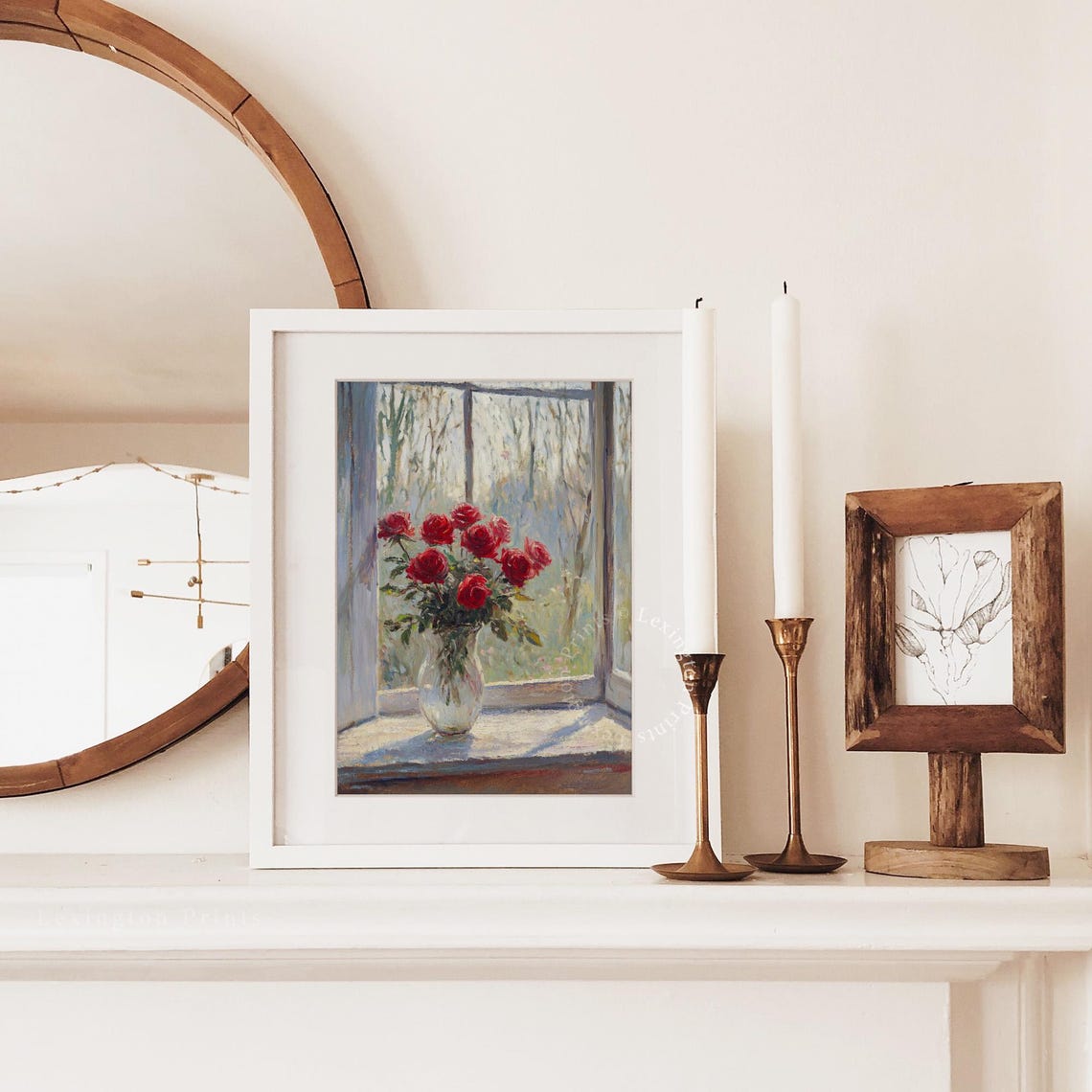 Red Roses in Glass Vase on Sunlit Windowsill Floral Still Life Print - Image 3
