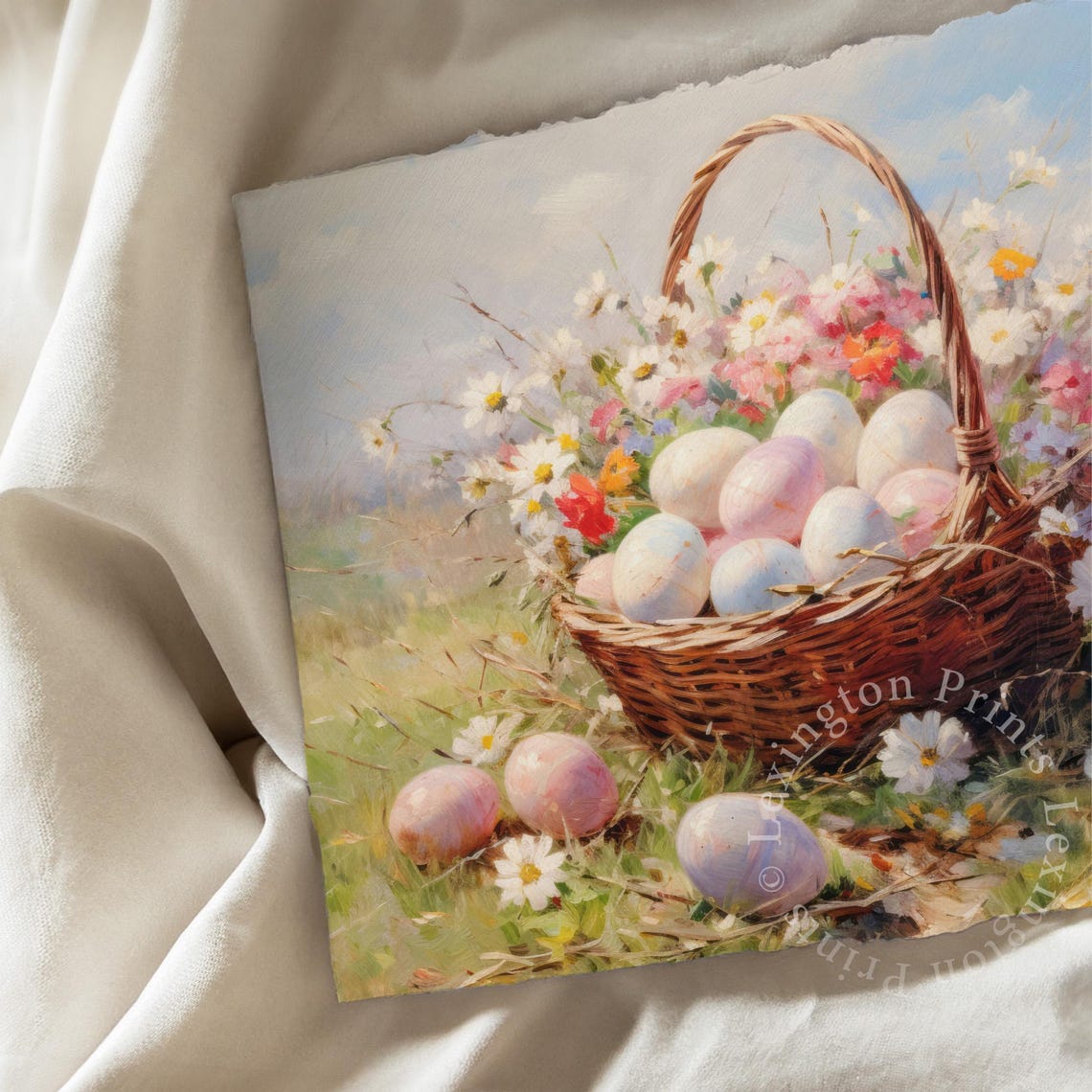 Easter Egg Basket Wildflowers Vintage Spring Meadow Art Poster