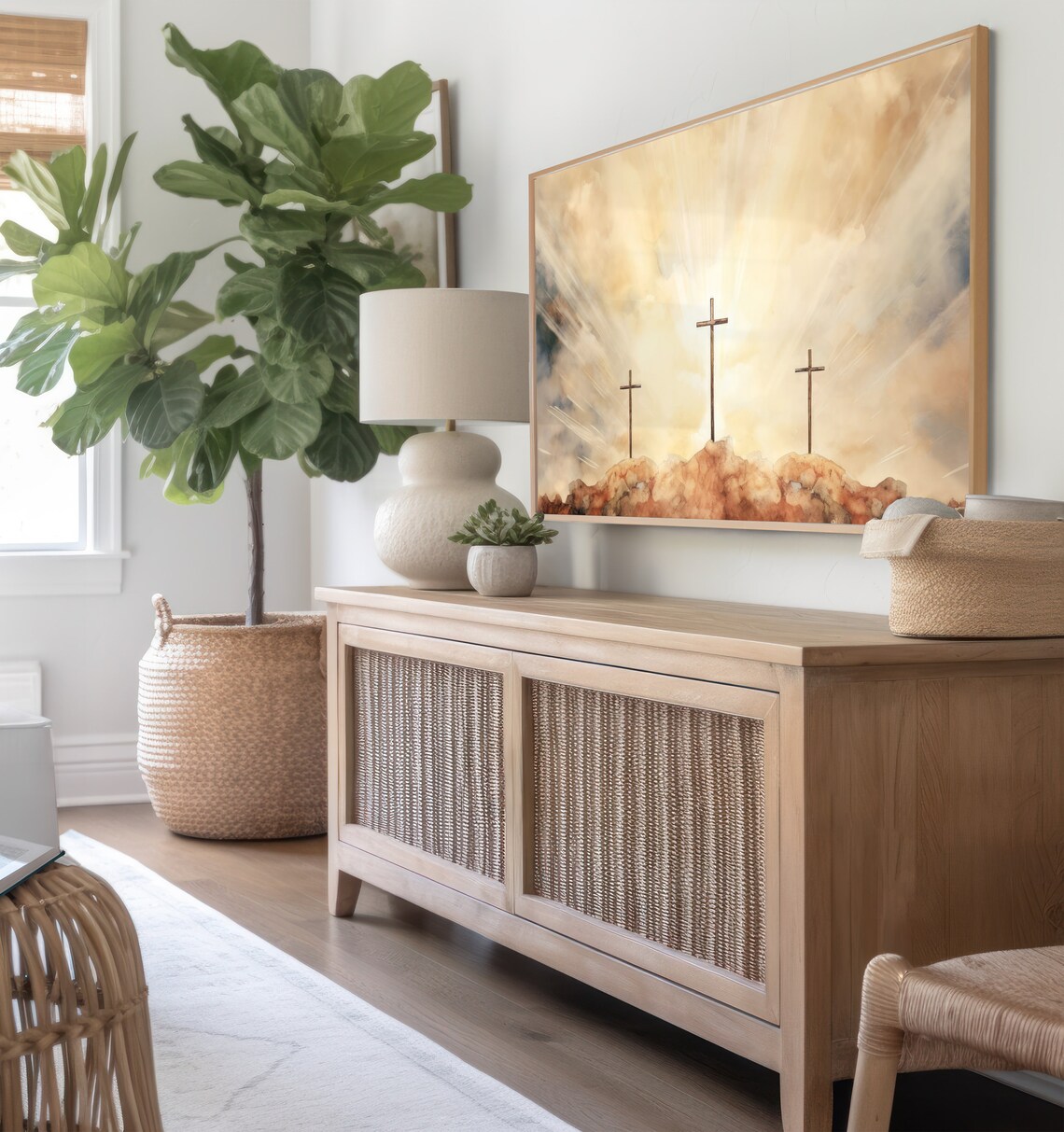 Three Crosses Of Calvary Golden Sunrise Watercolor Frame TV Art Poster - Image 7
