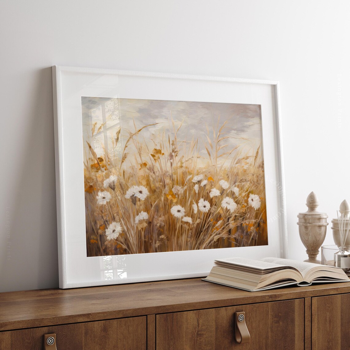 White Wildflowers in Golden Summer Wheat Field Meadow Poster - Image 7