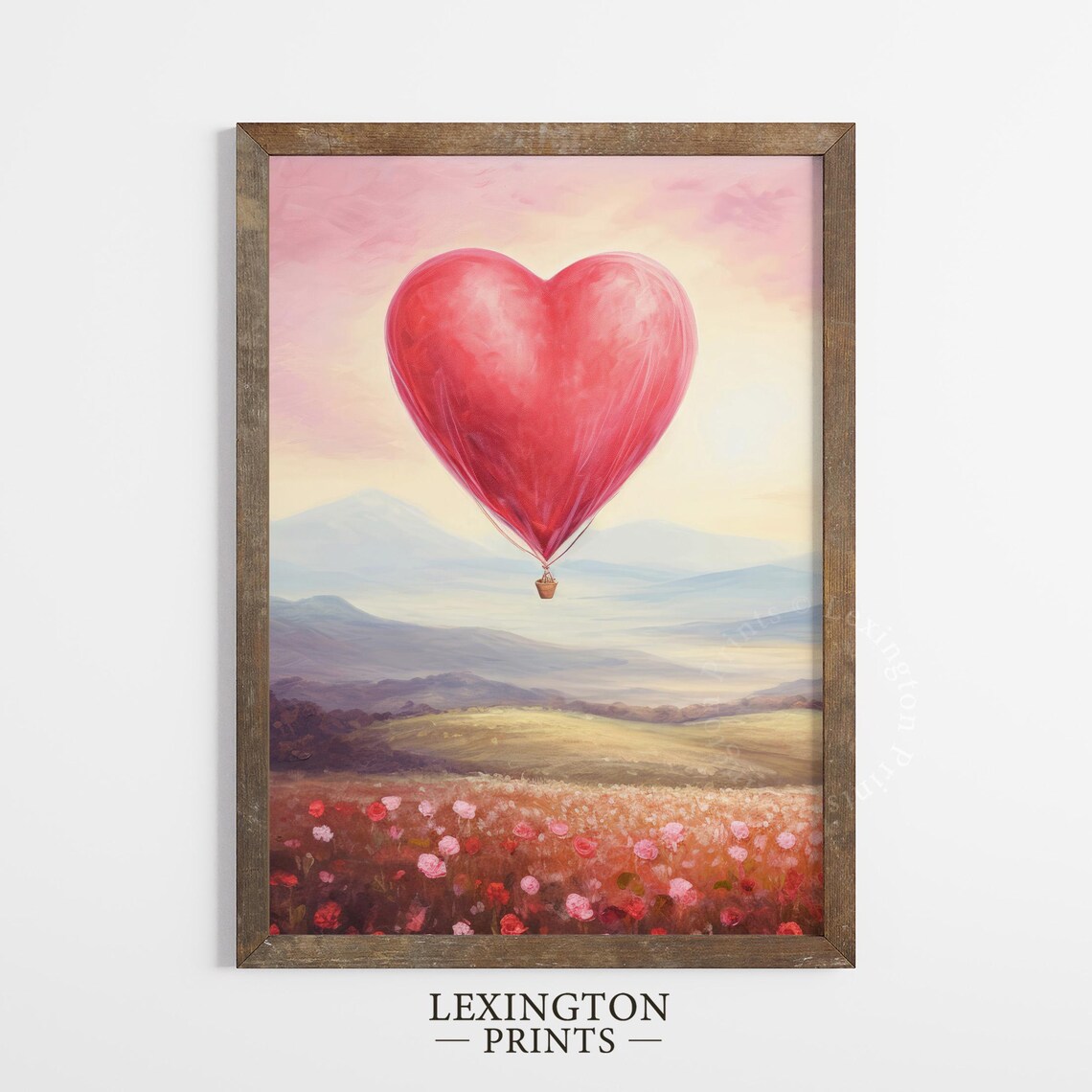 Red Heart Hot Air Balloon Over Wildflower Meadow Sunset Art Print - Image 5