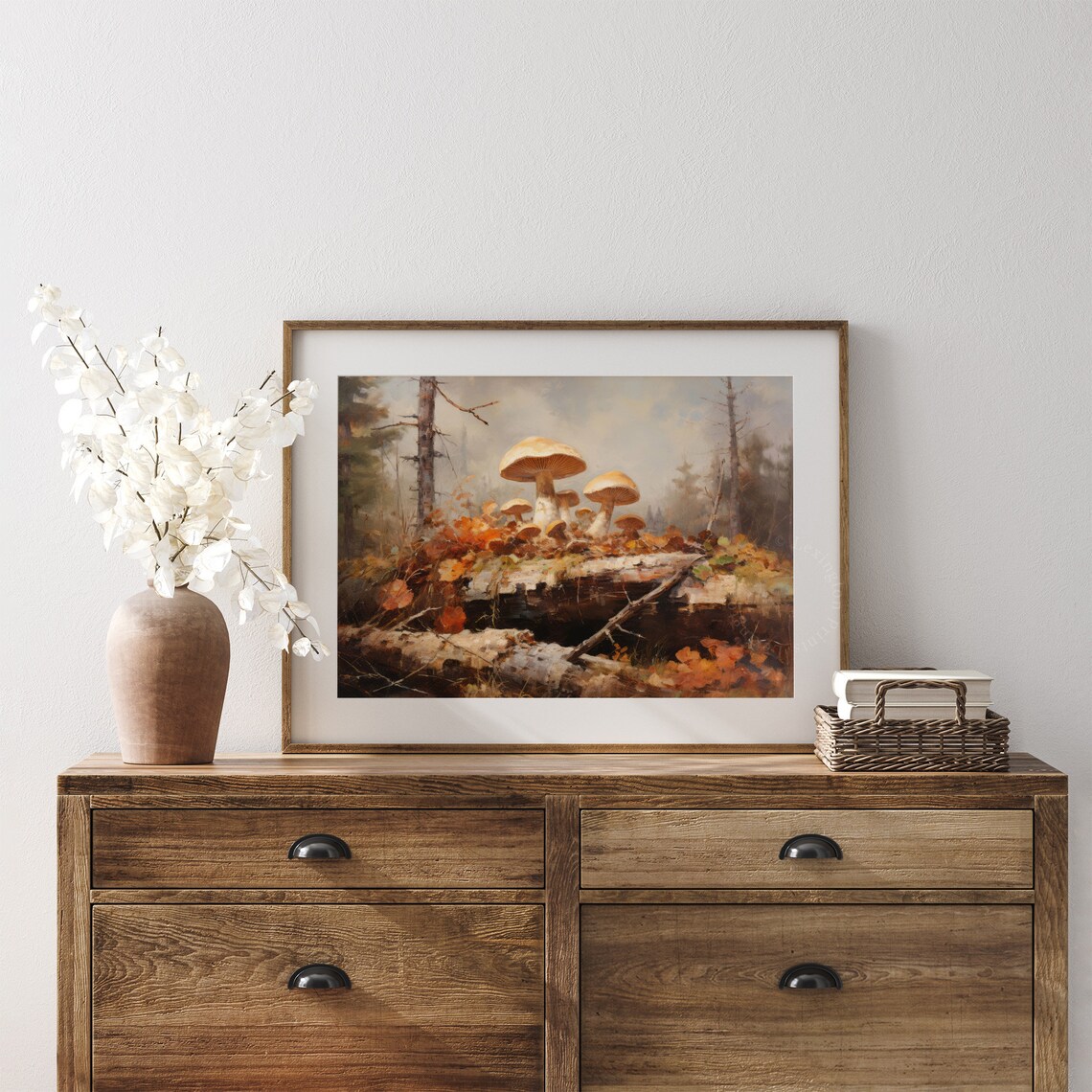 Wild Mushrooms on Fallen Log Misty Forest Oil Painting Nature Poster - Image 4