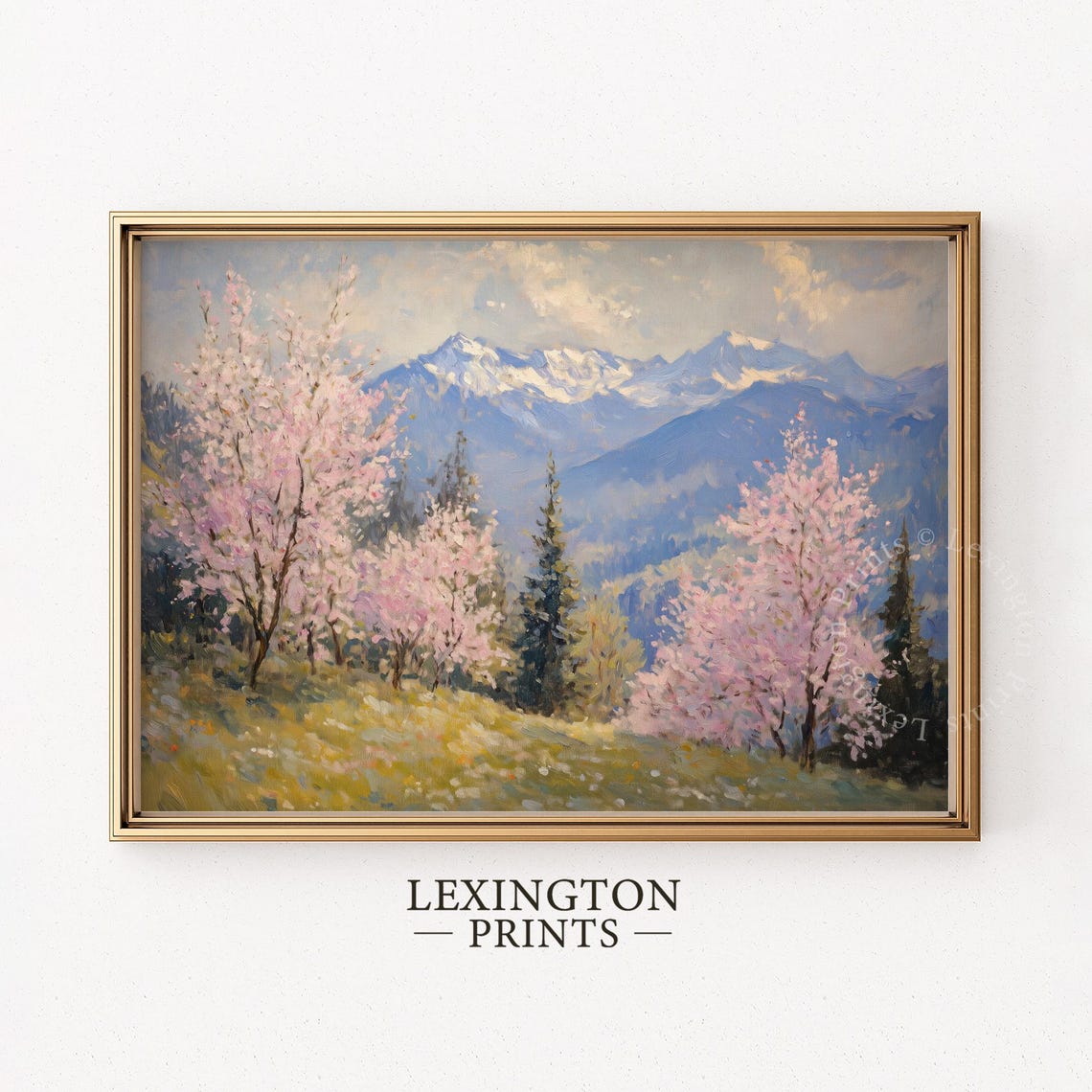 Pink Cherry Blossom Trees with Snowy Mountain Backdrop Wall Art - Image 5
