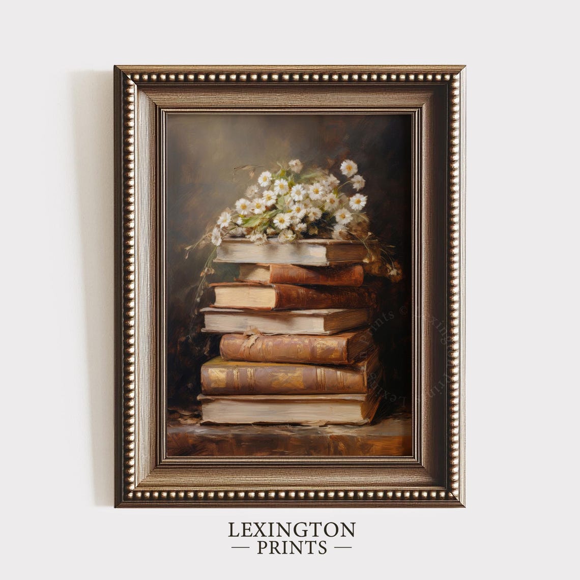 Vintage Stack of Books and White Daisy Bouquet Still Life Poster - Image 5