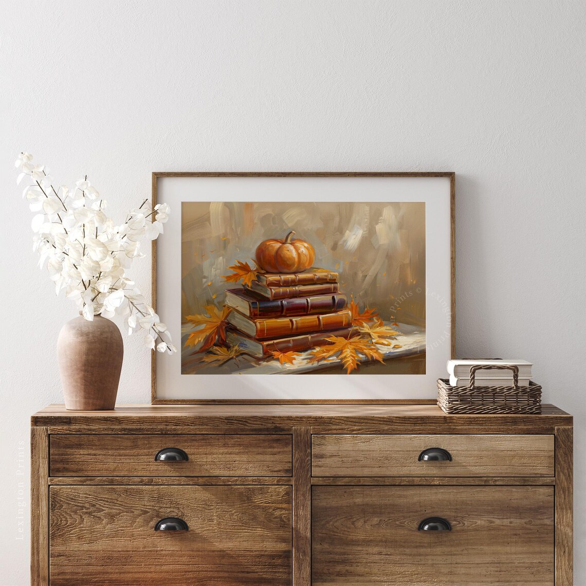 Stack of Vintage Books with Pumpkin Maple Leaves Oil Painting Fall Poster - Image 4