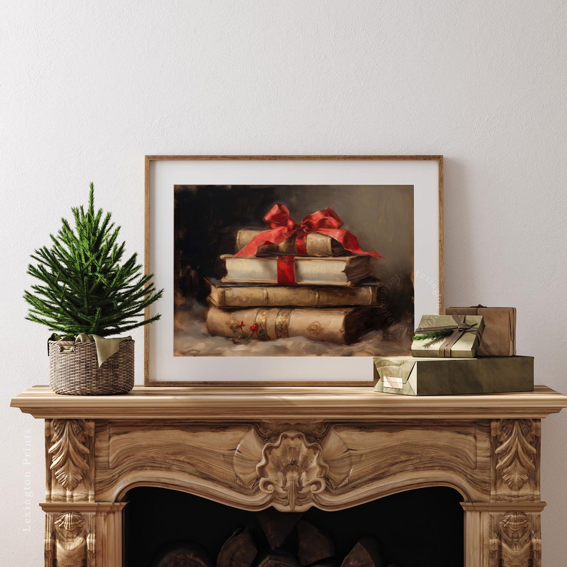 Christmas Book Stack Red Bow Vintage Holiday Still Life Poster - Image 3