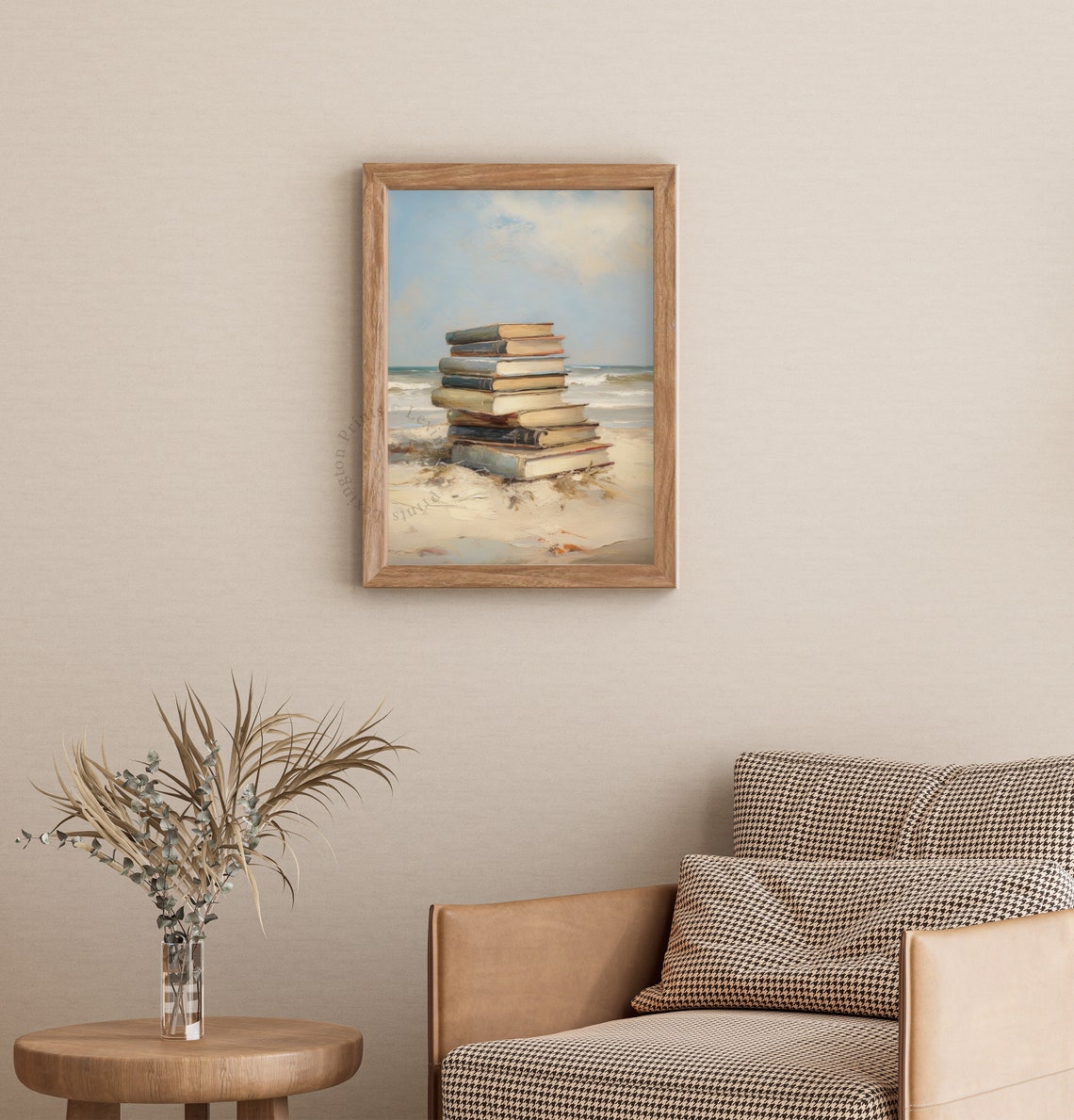 Stack of Vintage Books on Sandy Beach Ocean Painting Wall Art - Image 3