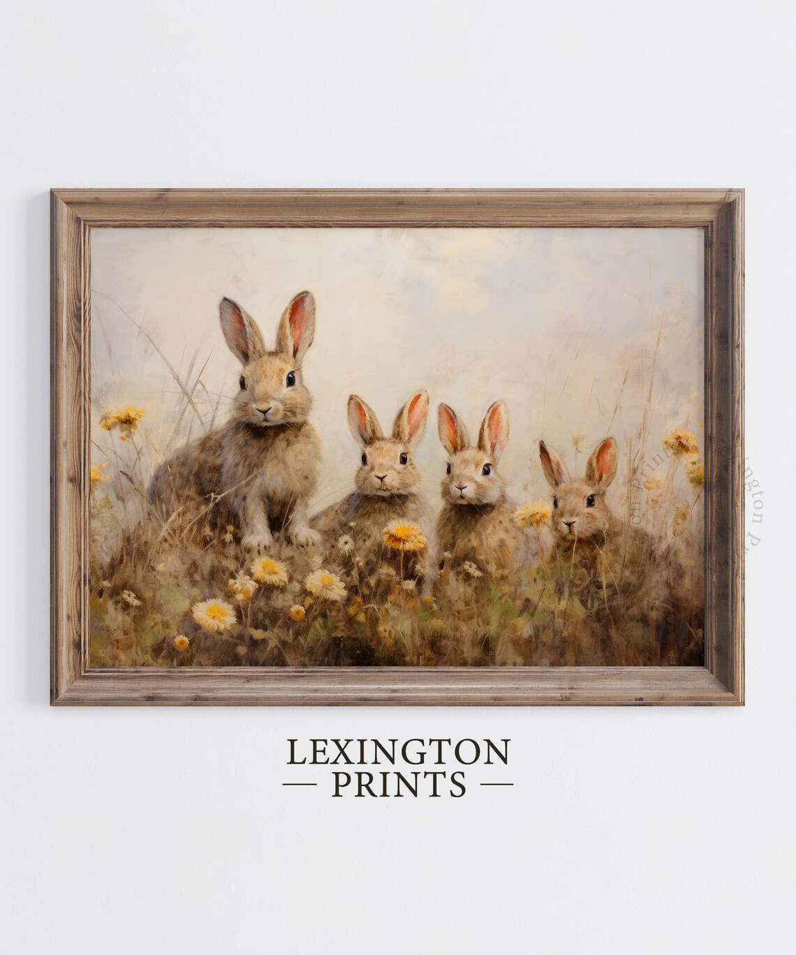 Four Bunnies in Spring Meadow with Yellow Flowers Vintage Wall Art - Image 5