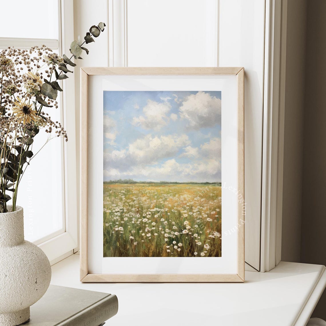 White Daisy Meadow Bright Blue Sky Clouds Cheerful Spring Field Poster - Image 7