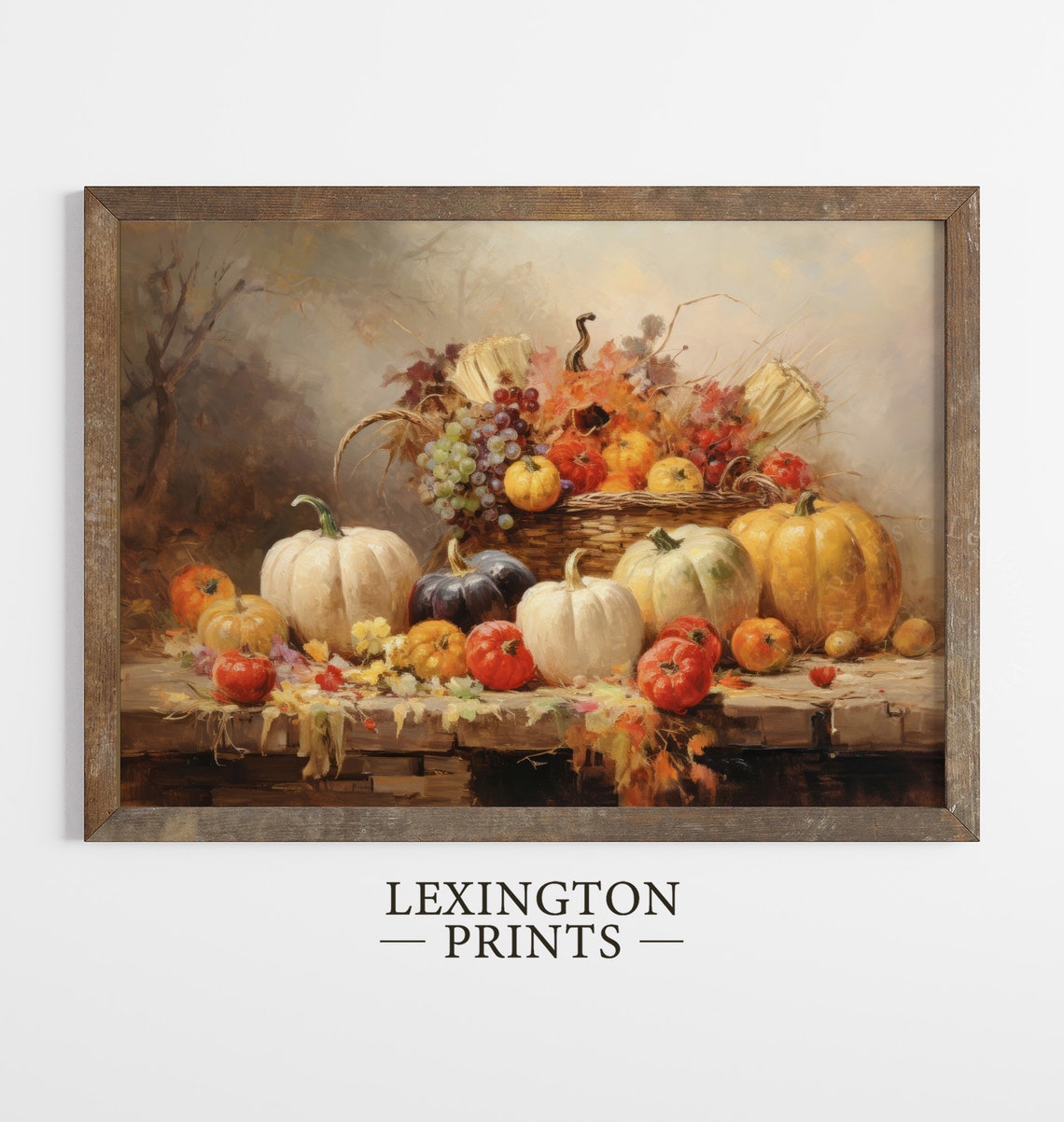 Fall Harvest Still Life with Pumpkins Corn and Grapes Vintage Wall Art - Image 2