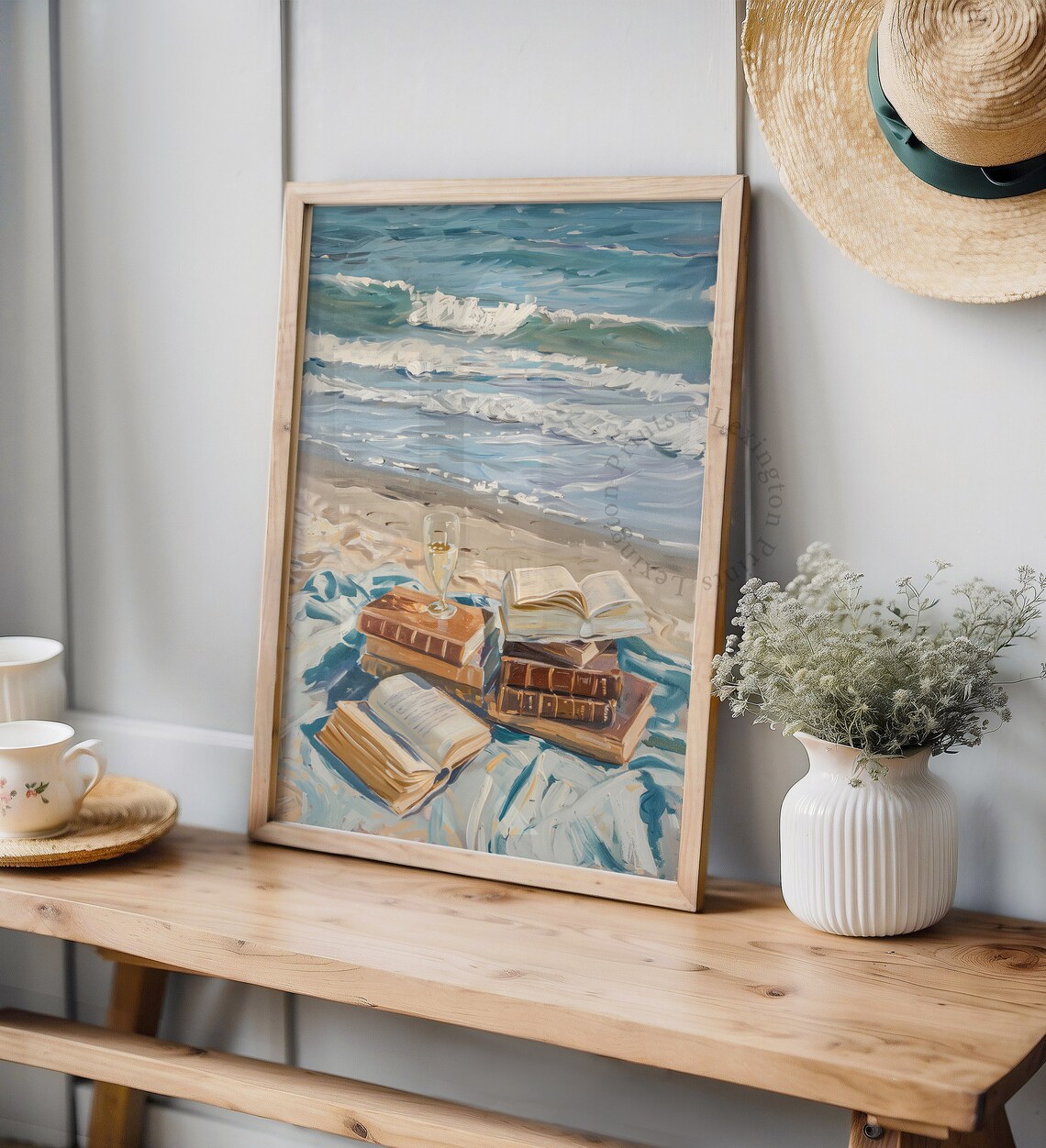Books and Wine on the Beach Coastal Summer Oil Painting Poster - Image 7