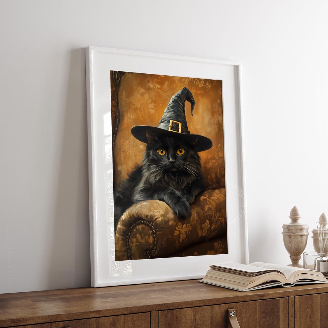 Black Cat Wearing Witch Hat on Velvet Chair Halloween Vintage Wall Art - Image 4