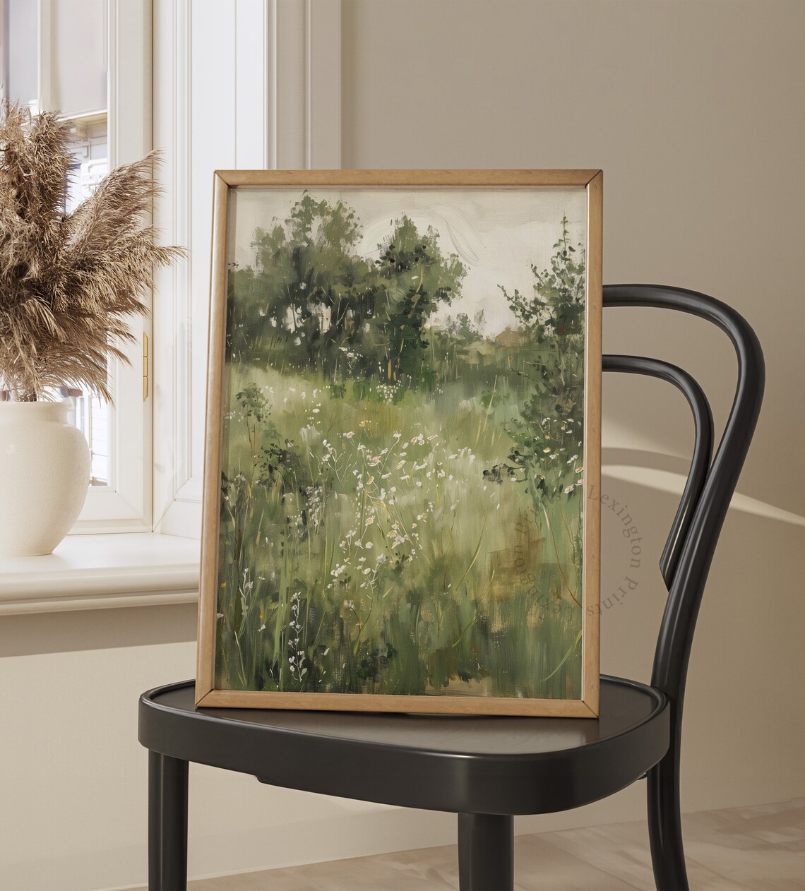 Soft Sunlit Wildflower Morning Meadow with Green Trees Watercolor Art Print - Image 7