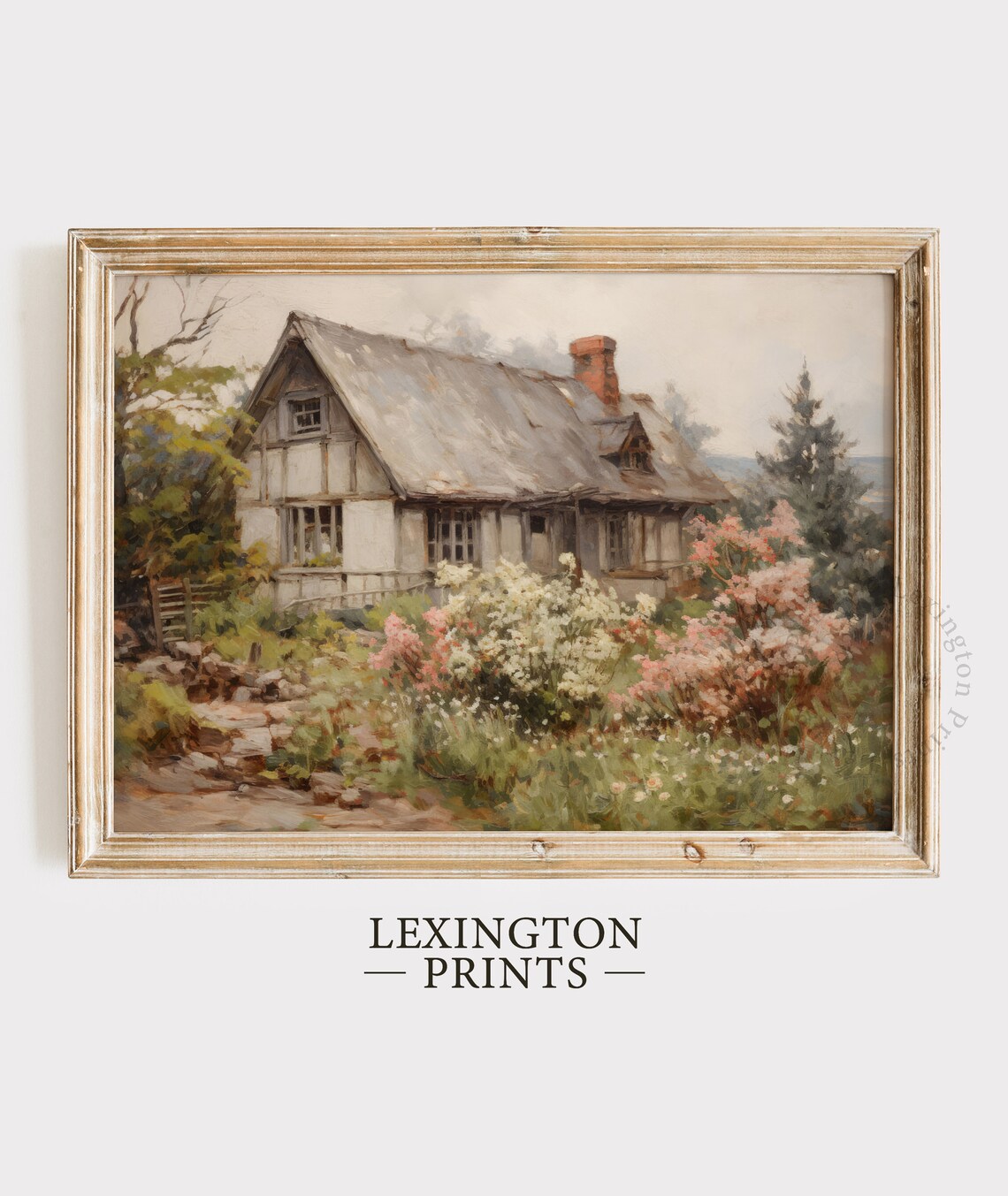 Rustic Old Cottage Pink Flower Garden Vintage Oil Painting Wall Art - Image 6