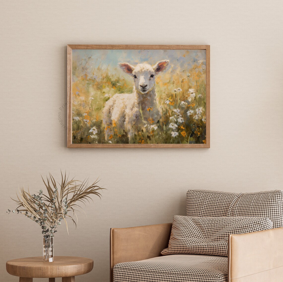 Sweet Lamb in Wildflower Meadow Soft Oil Painting Animal Wall Art - Image 3