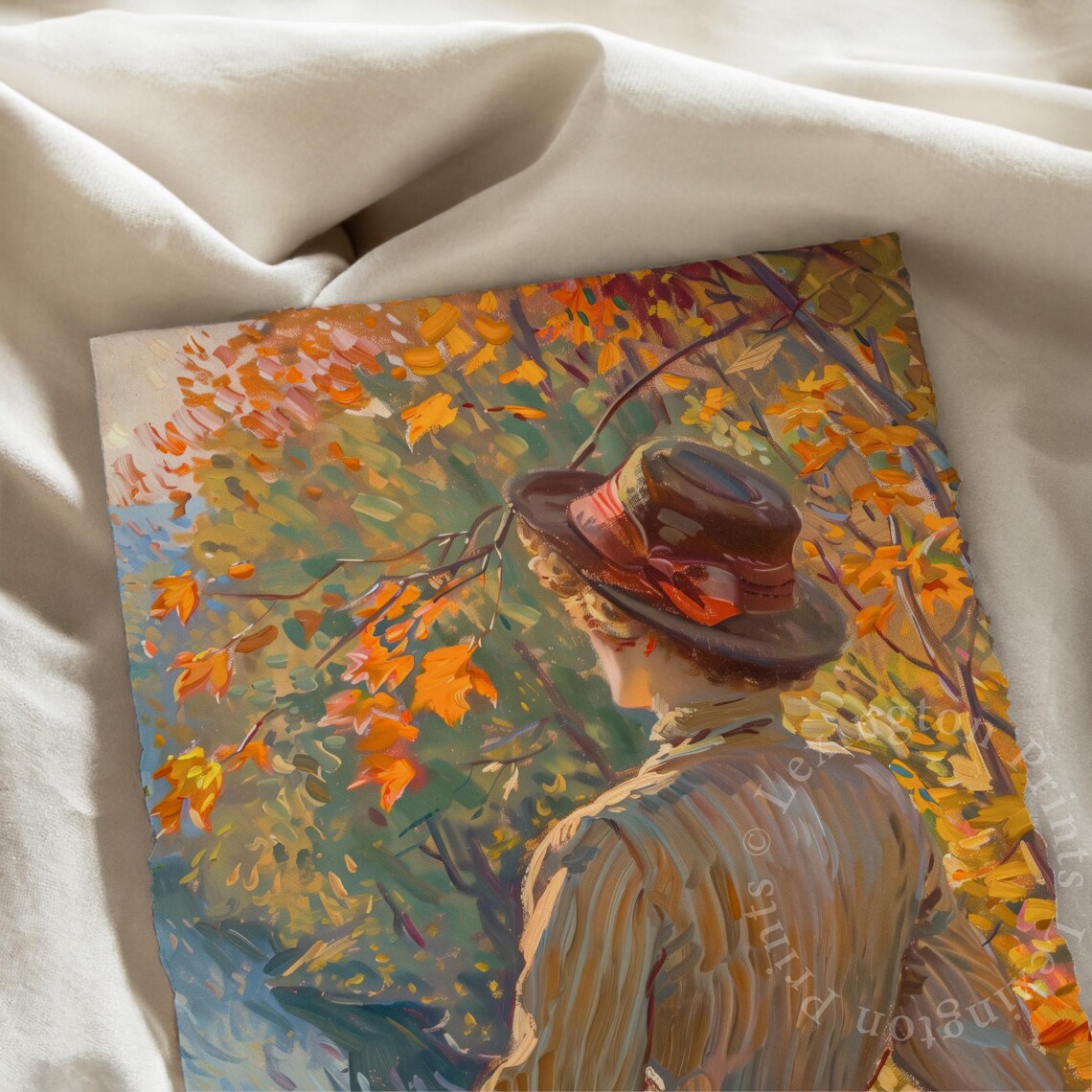 Woman in Hat Gazing at Autumn Waterfall from Behind Scenic Poster - Image 7