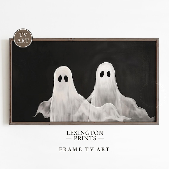 Two Cute Ghosts on Black Background Frame TV Art Halloween Print