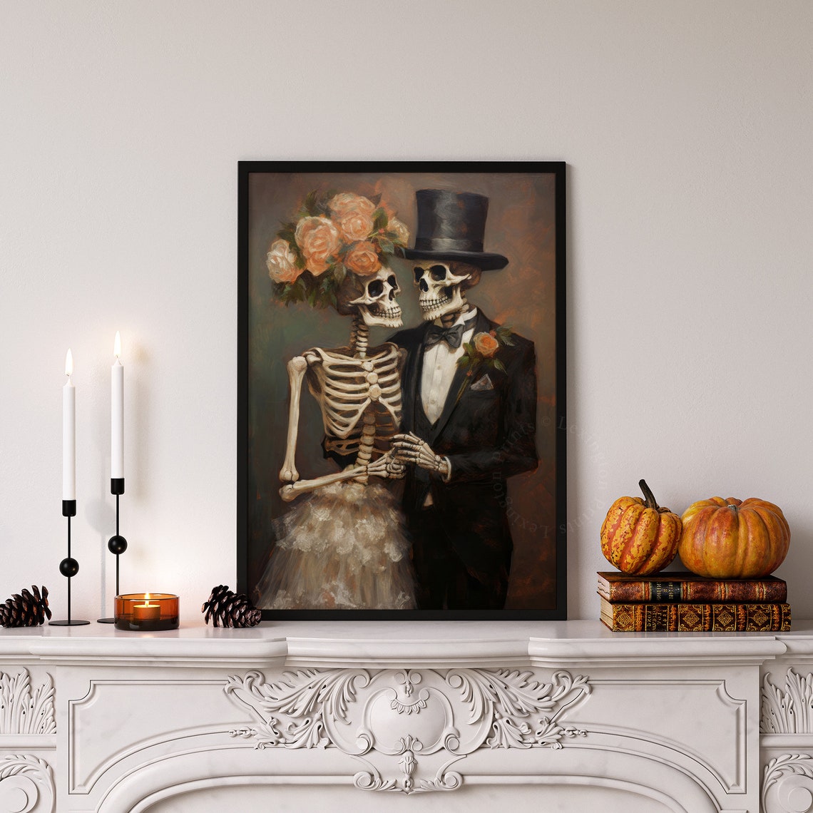 Skeleton Bride and Groom Wedding Portrait Vintage Halloween Wall Art - Image 4