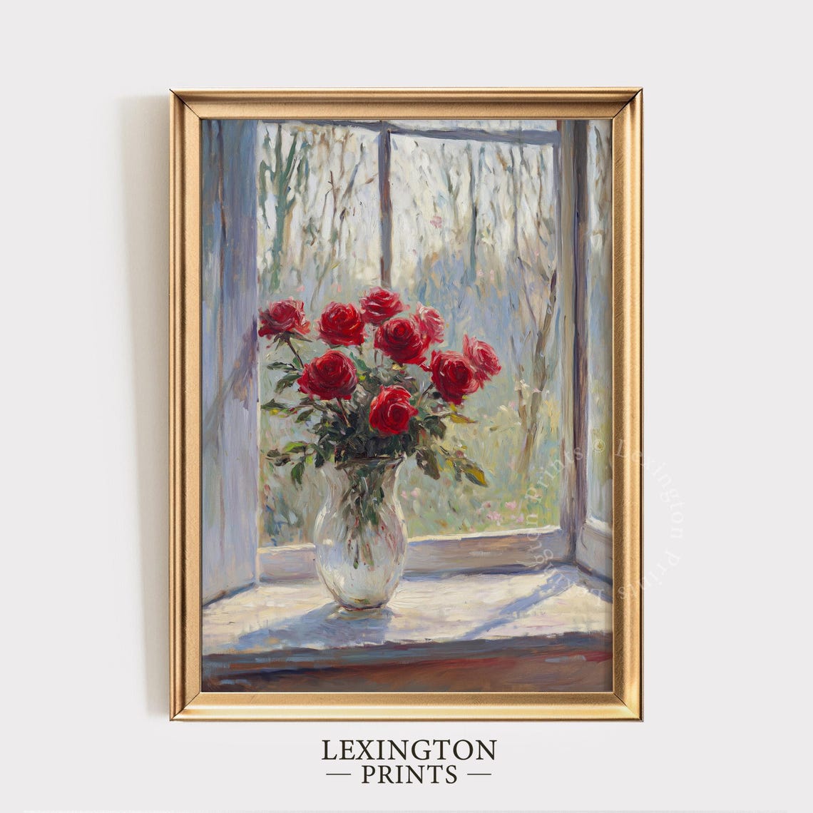 Red Roses in Glass Vase on Sunlit Windowsill Floral Still Life Print - Image 6