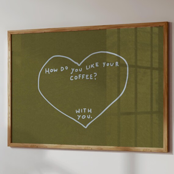 Coffee Quote Wall Art Minimalist Heart Print Handdrawn Kitchen Poster Digital Download Horizontal