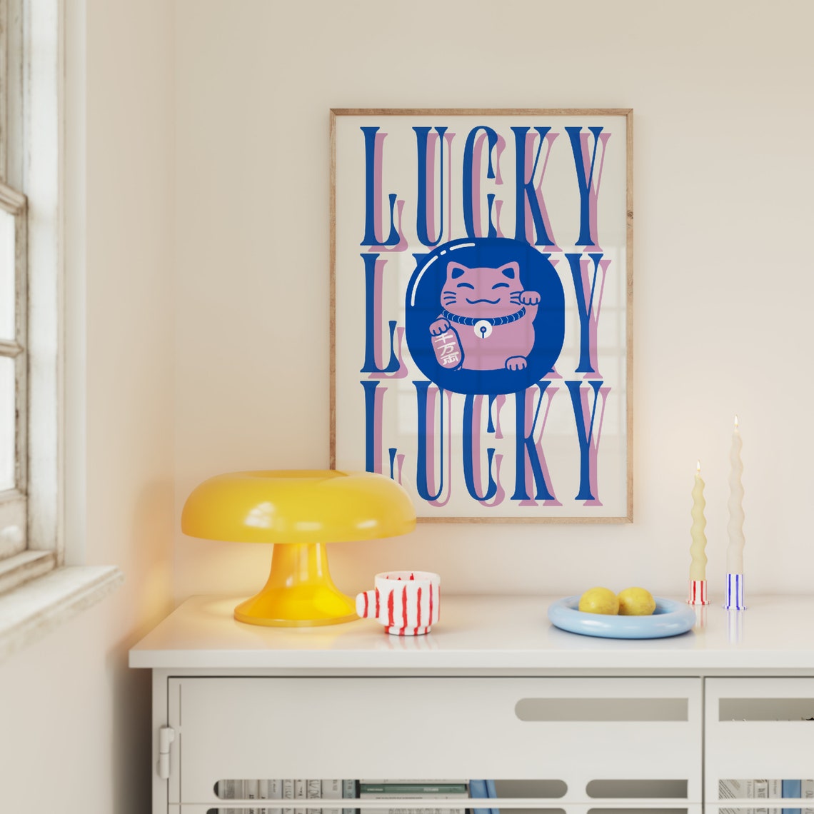 Lucky Cat Maneki Neko Bold Typography Japanese Fortune Art Print - Image 2