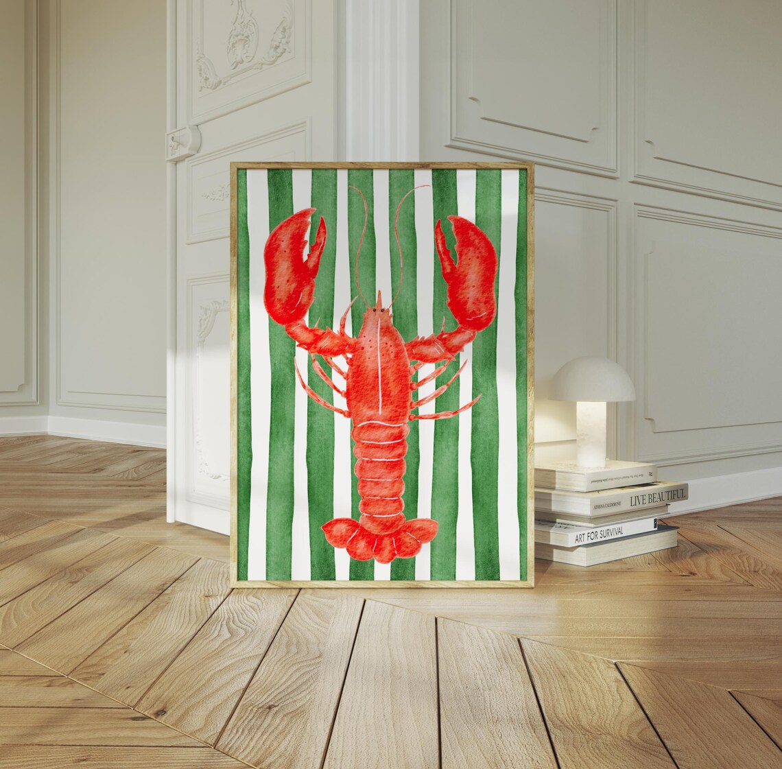 Red Lobster Watercolor Green Stripes Coastal Nautical Art Poster - Image 2