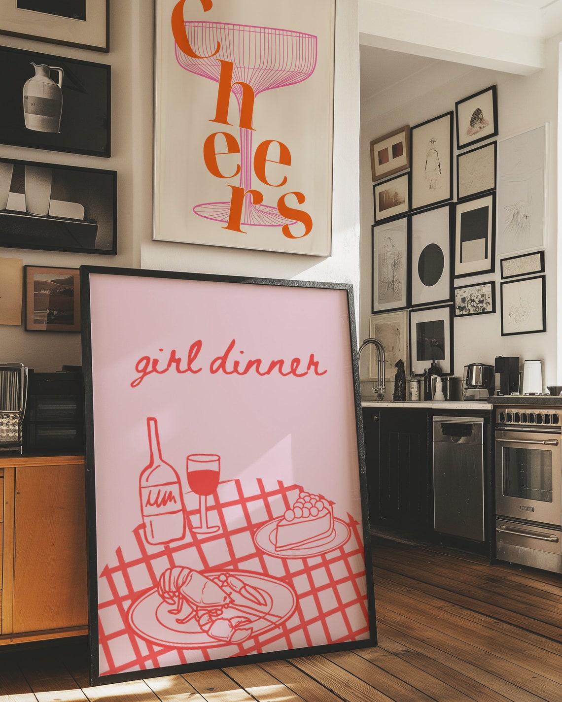 Girl Dinner Red Line Drawing Lobster Cake Wine Trendy Kitchen Poster - Image 2