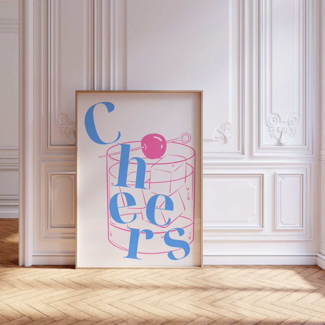 Cheers Blue Typography Pink Cocktail Glass Cherry Home Bar Poster - Image 2