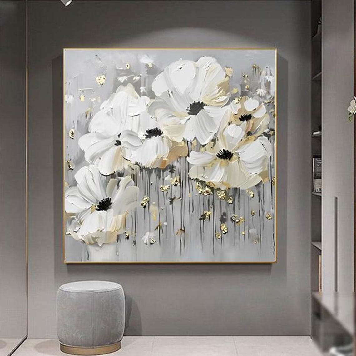 White Anemone Flowers With Gold Leaf Accents on Gray Wall Art
