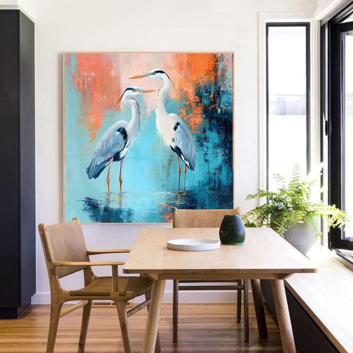 Two White Herons Teal Water Coral Sunset Abstract Painting Poster - Image 6