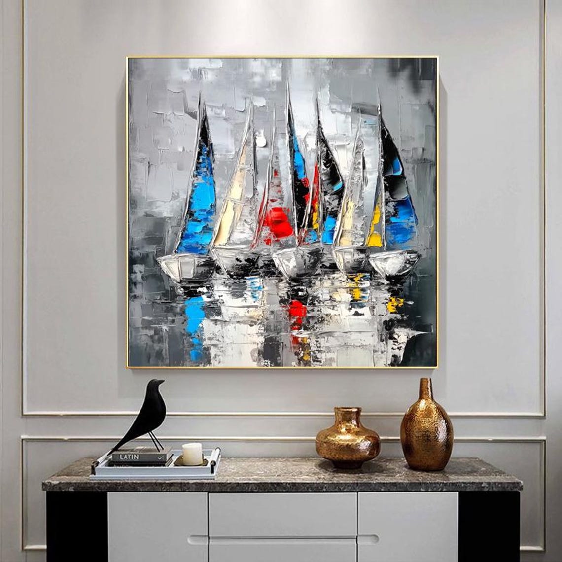Docked Sailboats With Bright Multicolor Sails on Gray Water Wall Art - Image 6