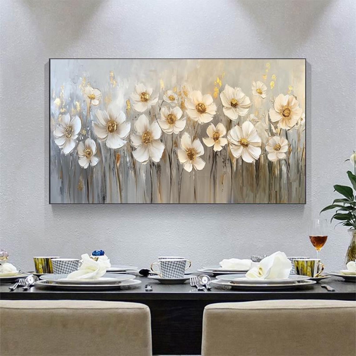 White Cosmos Flowers With Golden Centers Panoramic Elegant Wall Art - Image 4