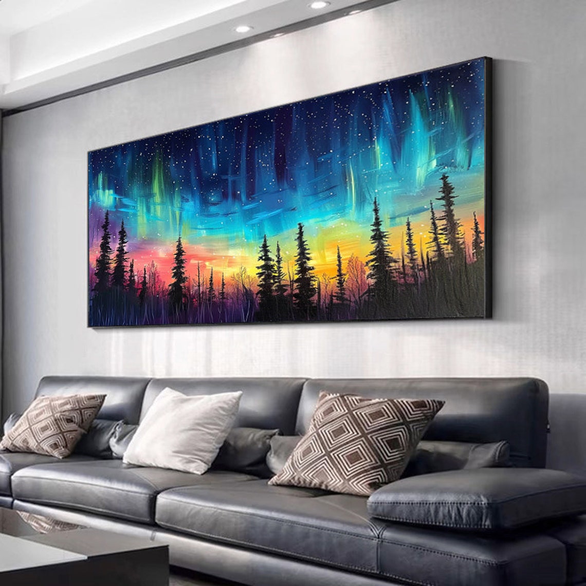 Northern Lights Over Pine Forest Starry Night Sky Painting Poster - Image 2