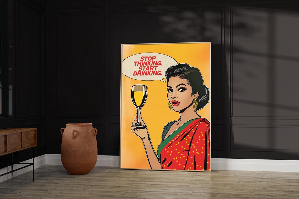 Pop Art Saree Woman Drinking Wine Poster Print